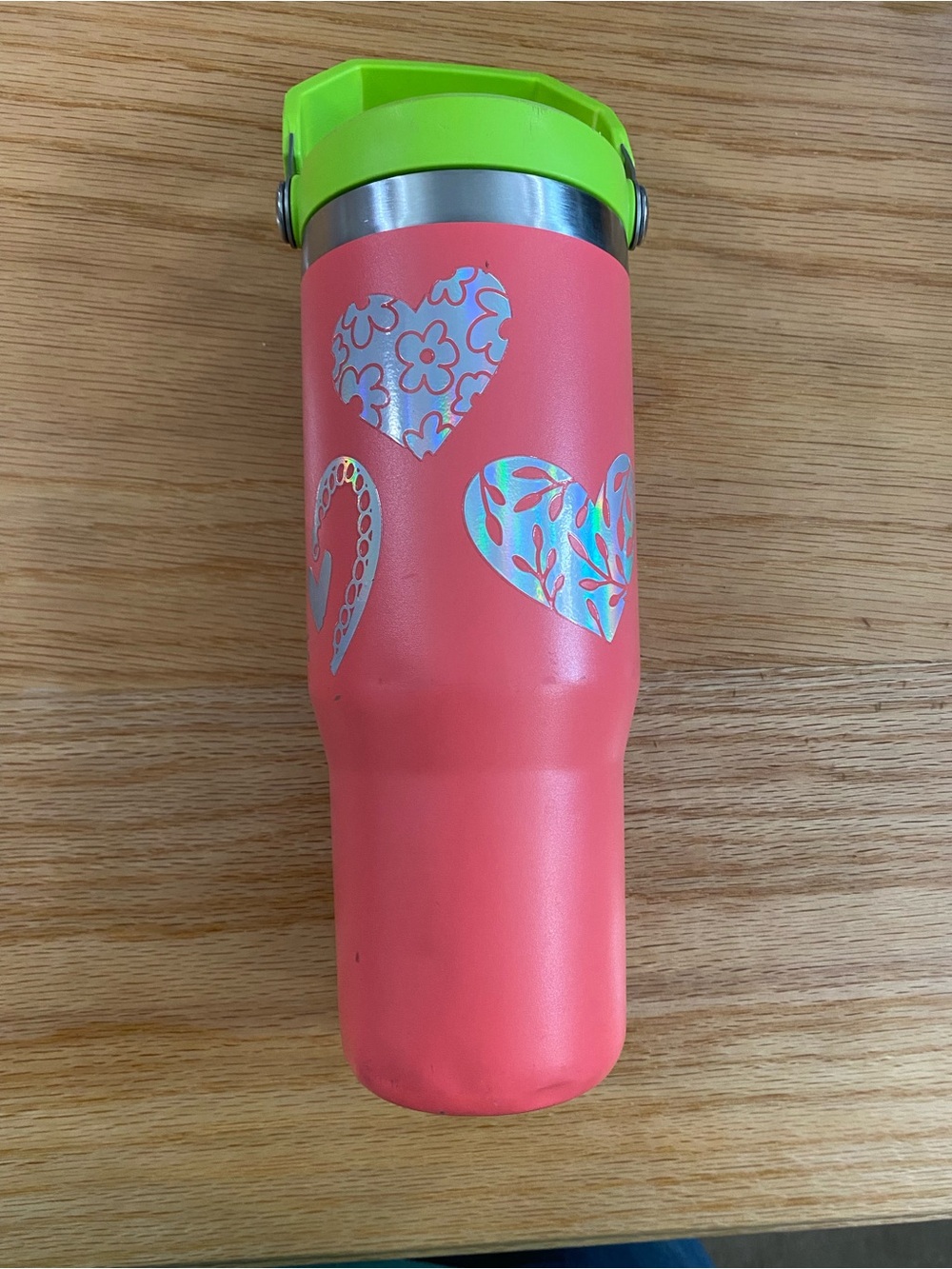 Stanley Coral Pink Travel Tumbler with Lime Green Lid and Holographic Hearts
